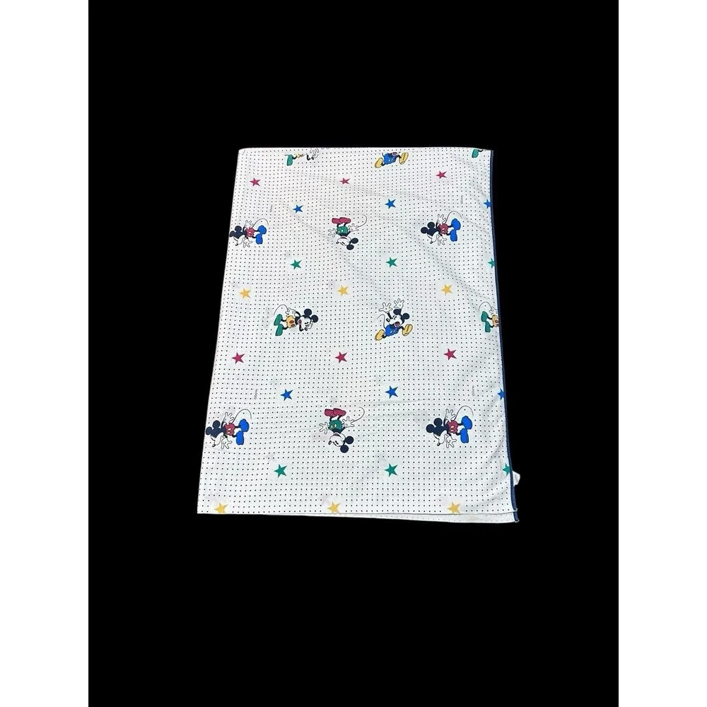 Vtg 90s Disney Mickey Mouse Flat Sheet Full White Navy Polka Dots Primary Stars